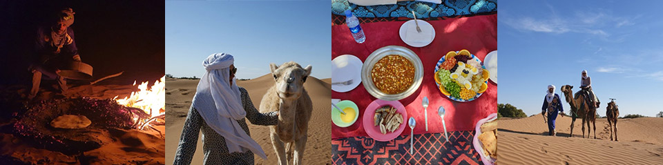 Bilderleiste mit Bildern über Marokko: Gruppe durch die Wüste laufend, Zelte, Kamelreiten